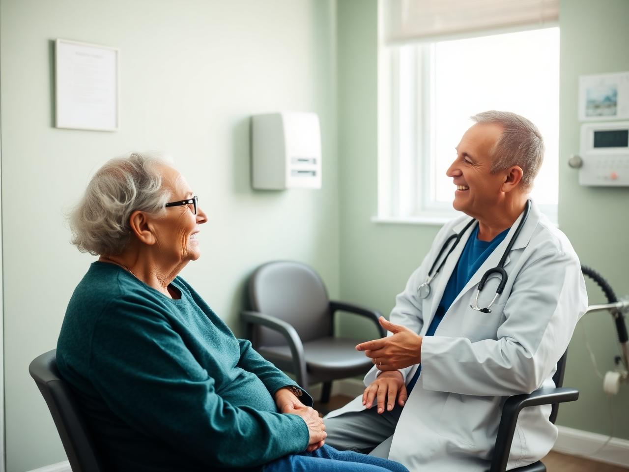 A doctor speaking with an older patient in a calm clinic room