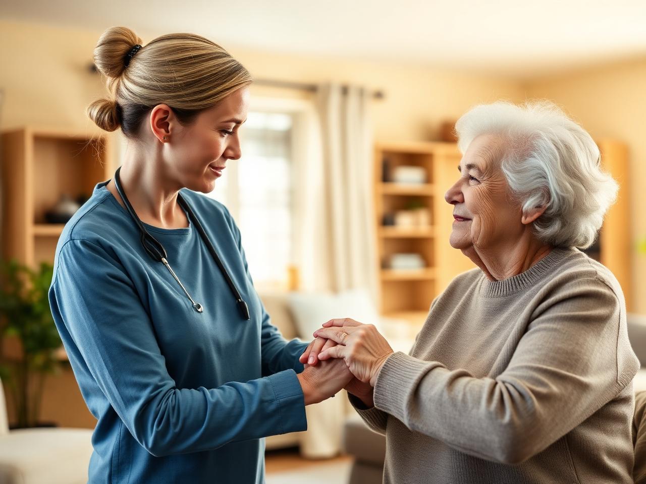 A caregiver holding hands with an elderly woman in a bright living room