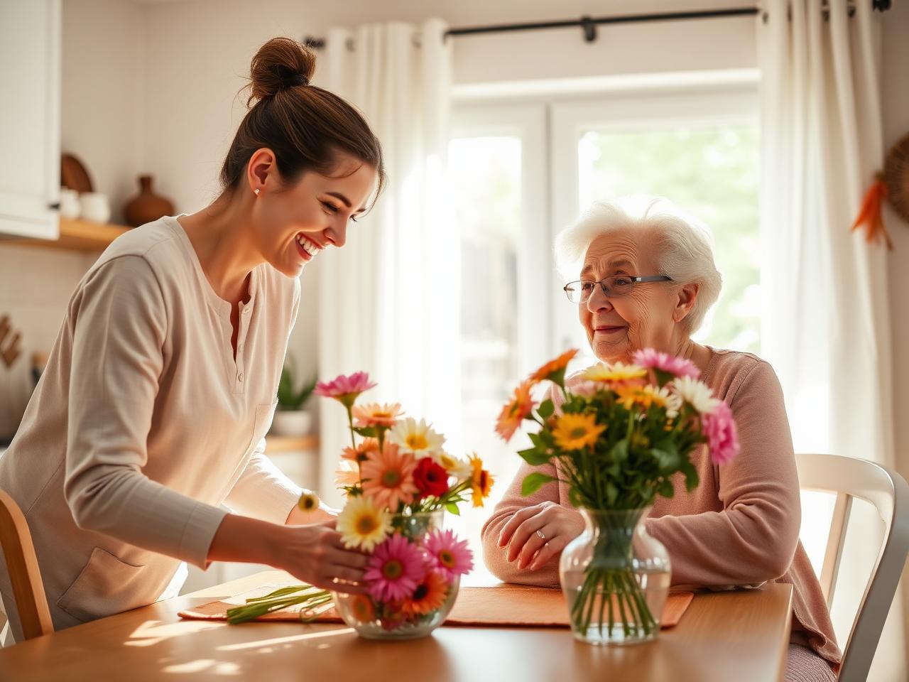 A caregiver arranging flowers with an older woman at a sunlit kitchen table