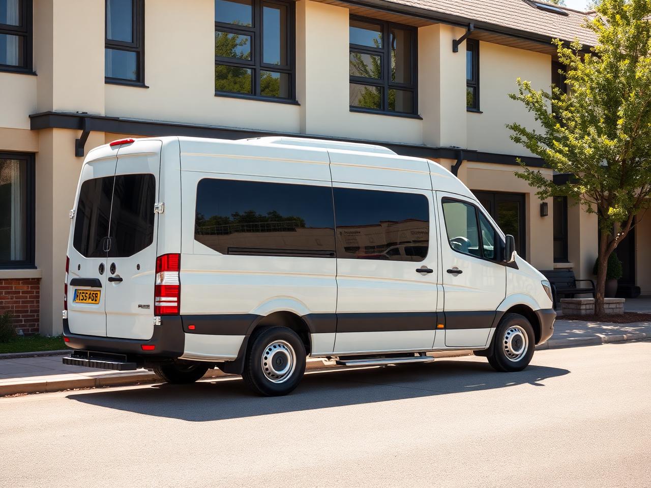 An accessible transport van parked outside a community building
