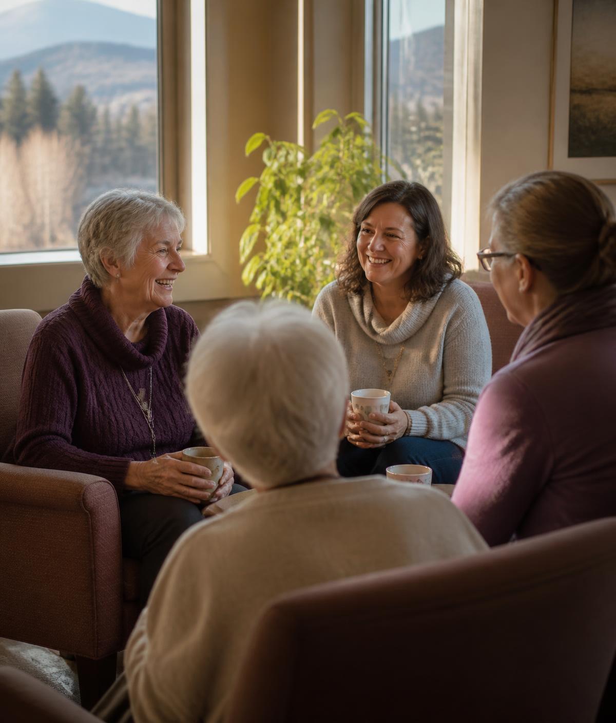 A small caregiver support circle sharing coffee and conversation in a sunlit Colorado community room